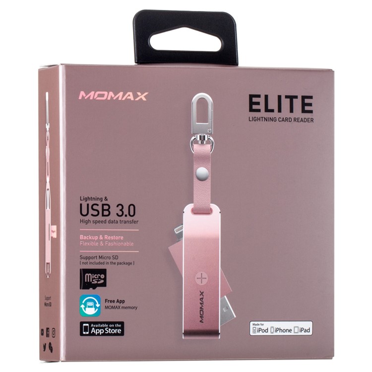 MOMAX Elite MFI Certified Keyring Card Reader with Lightning 8pin & USB 3.0 - Rose Gold Color-8