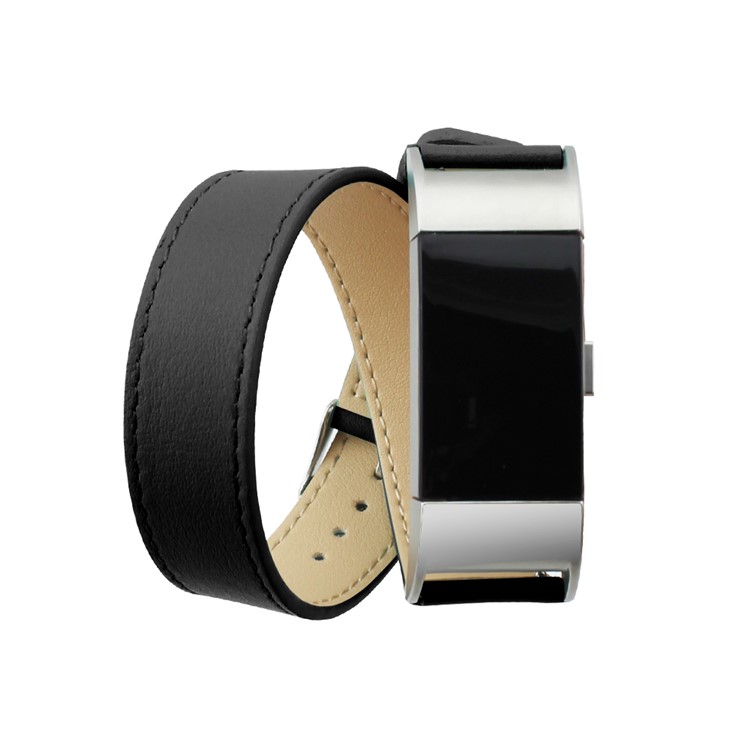 Genuine Leather Double Tour Watch Strap Wrist Band Replacement for Fitbit Charge 2 - Black-1