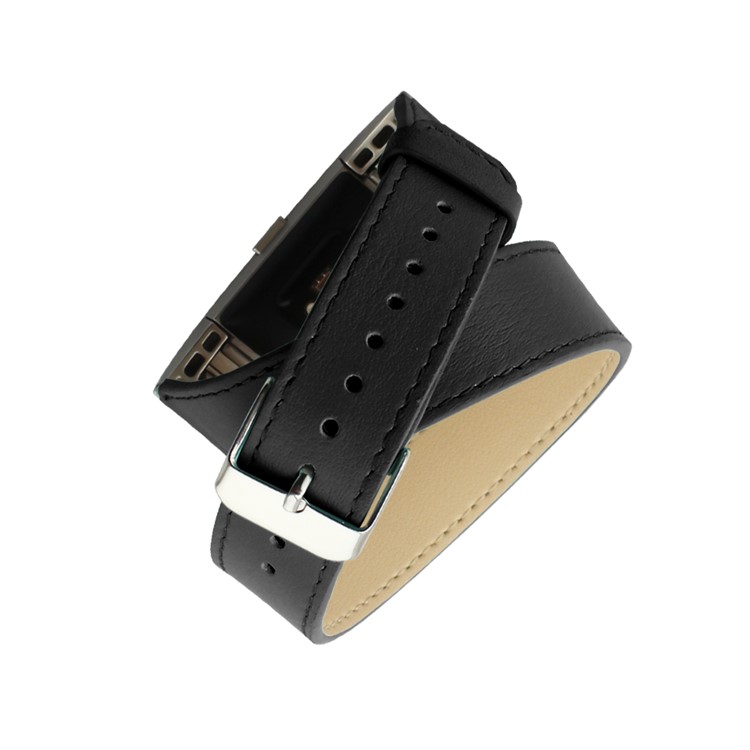 Genuine Leather Double Tour Watch Strap Wrist Band Replacement for Fitbit Charge 2 - Black-4