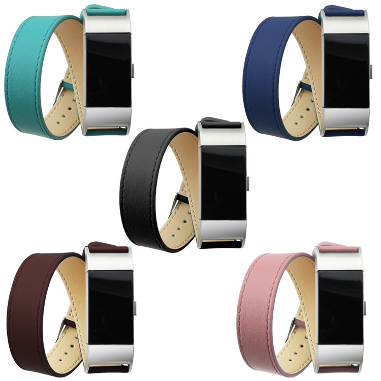 Genuine Leather Double Tour Watch Strap Wrist Band Replacement for Fitbit Charge 2 - Black-6