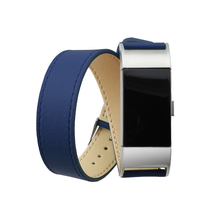 Genuine Leather Double Tour Watch Wristband Strap Replacement for Fitbit Charge 2 - Blue-1
