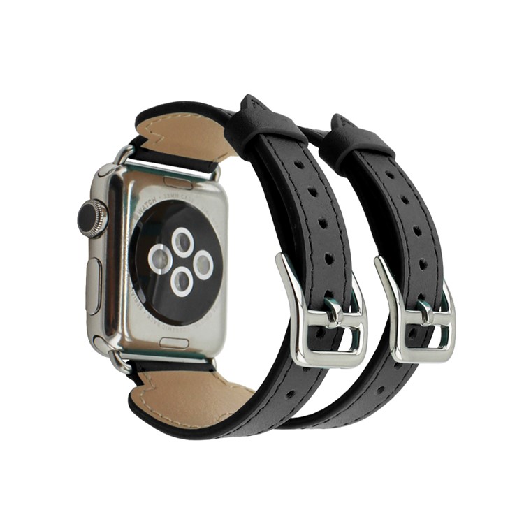 Genuine Leather Double Buckle Cuff Watchband for Apple Watch Series 3 Series 1 Series 2 38mm - Black-3
