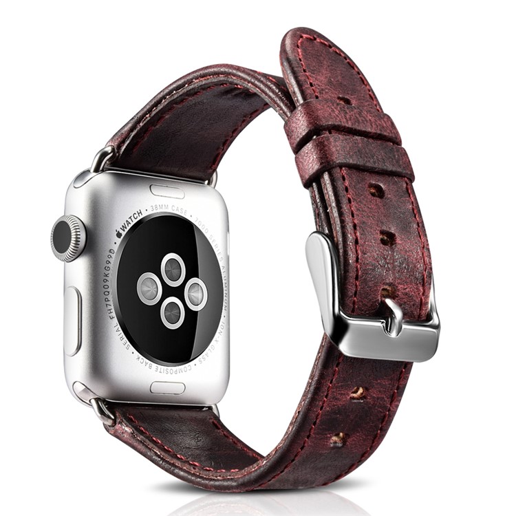 ICARER Classic Genuine Leather Wrist Band for Apple Watch 38mm Series 3 Series 2 Series 1 - Wine Red-1