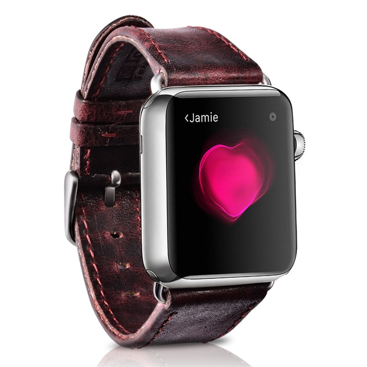 ICARER Classic Genuine Leather Wrist Band for Apple Watch 38mm Series 3 Series 2 Series 1 - Wine Red-2