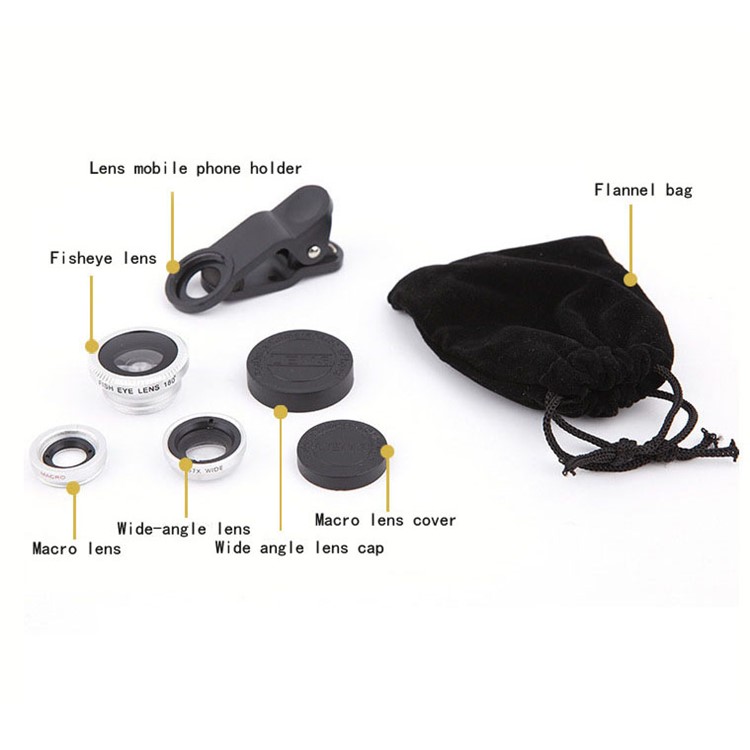 Universal Clip-on 3-in-1 Mobile Phone Camera Lens Kit 180° Fish Eye Lens + 0.67X Wide Angle Lens + Macro Lens - Black-11