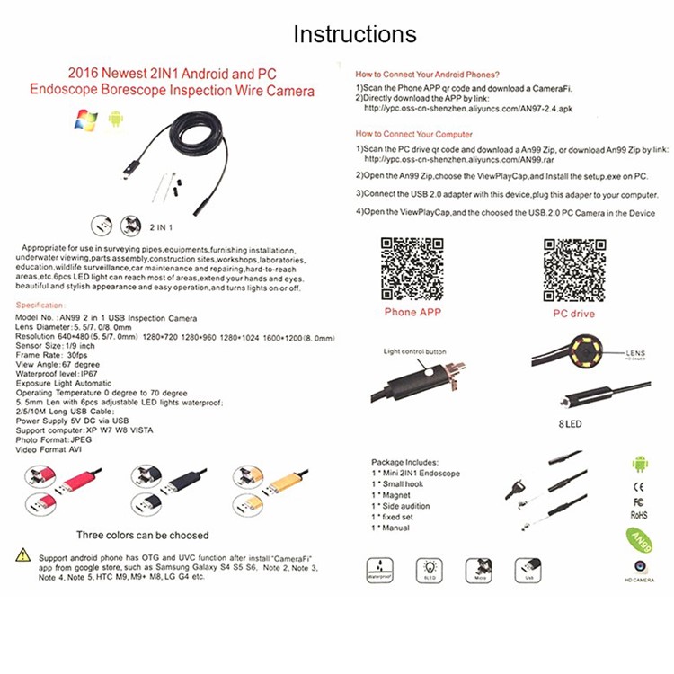 AN99 2M 8mm 6-LED 2.0MP HD 720P Android PC USB Waterproof Endoscope Inspection Video Camera - Black-10
