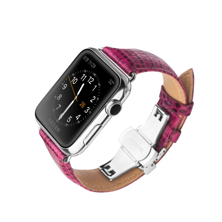 QIALINO Crocodile Texture Bracelet en cuir véritable pour Apple Watch 38mm Série 3 série 1 série 2 - Rose-3