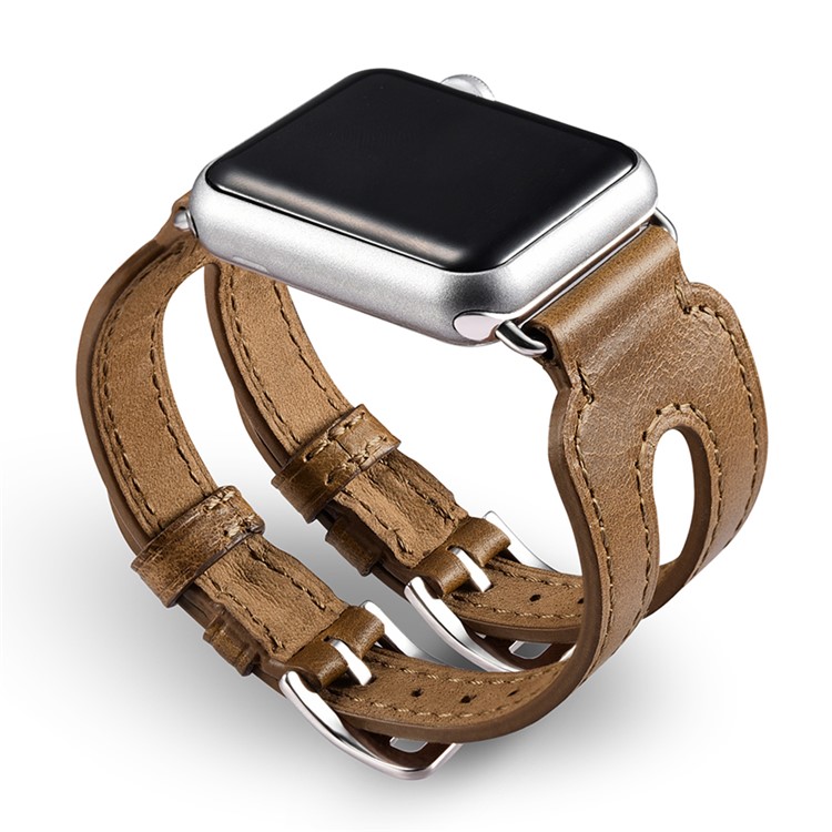 ICARER Classic Double Buckle Cuff Genuine Leather Watchband Bracelet for Apple Watch 42mm Series 3 2 1 - Brown-1