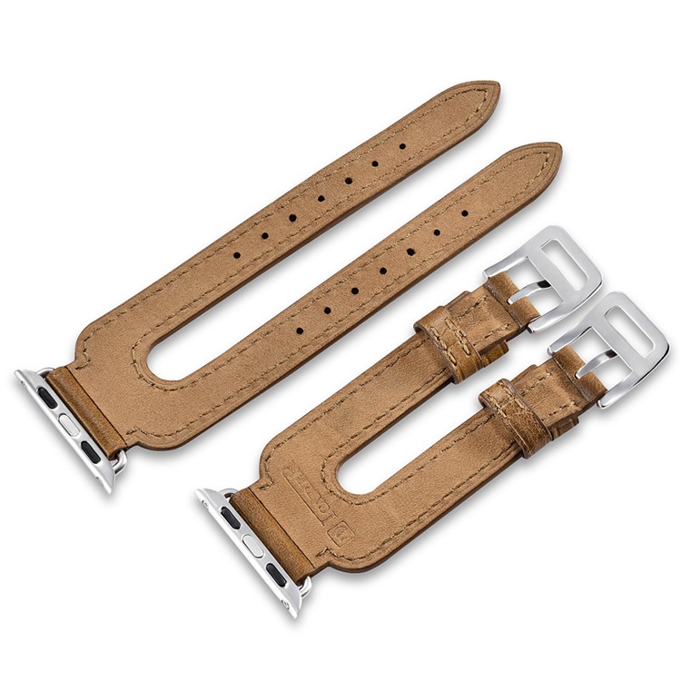 ICARER Classic Double Buckle Cuff Genuine Leather Watchband Bracelet for Apple Watch 42mm Series 3 2 1 - Brown-11