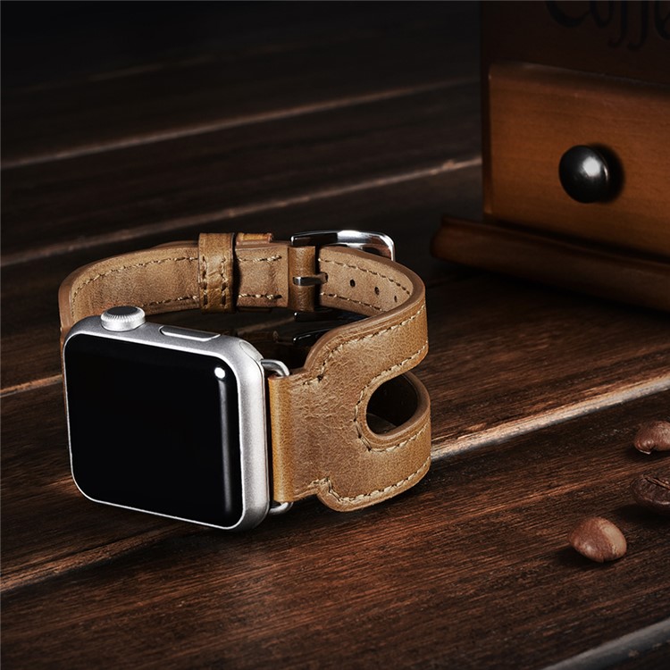 ICARER Classic Double Buckle Cuff Genuine Leather Watchband Bracelet for Apple Watch 42mm Series 3 2 1 - Brown-15