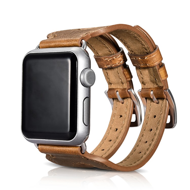 ICARER Classic Double Buckle Cuff Genuine Leather Watchband Bracelet for Apple Watch 42mm Series 3 2 1 - Brown-2
