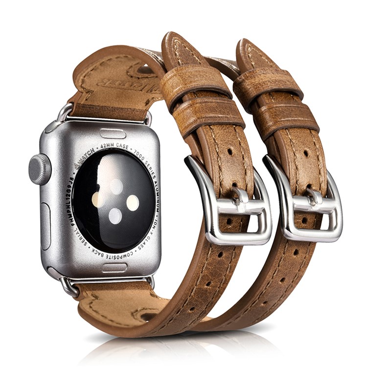 ICARER Classic Double Buckle Cuff Genuine Leather Watchband Bracelet for Apple Watch 42mm Series 3 2 1 - Brown-3