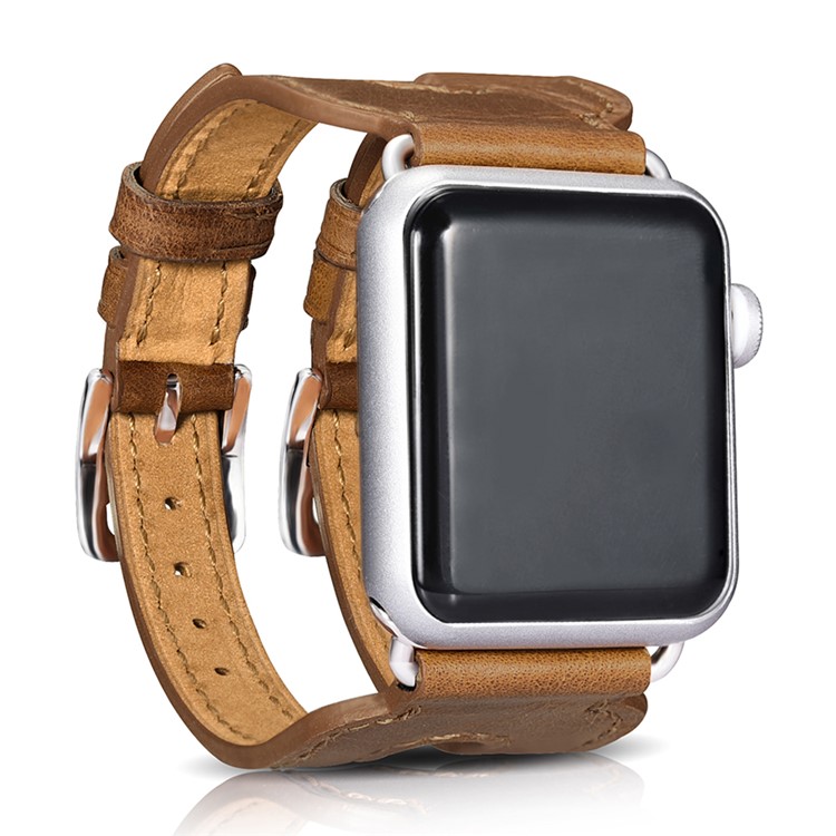 ICARER Classic Double Buckle Cuff Genuine Leather Watchband Bracelet for Apple Watch 42mm Series 3 2 1 - Brown-5