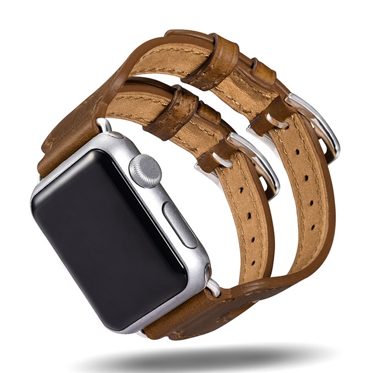 ICARER Classic Double Buckle Cuff Genuine Leather Watchband Bracelet for Apple Watch 42mm Series 3 2 1 - Brown-6