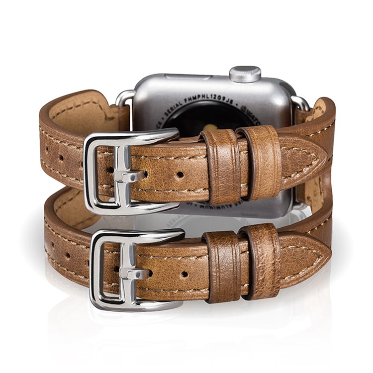 ICARER Classic Double Buckle Cuff Genuine Leather Watchband Bracelet for Apple Watch 42mm Series 3 2 1 - Brown-7