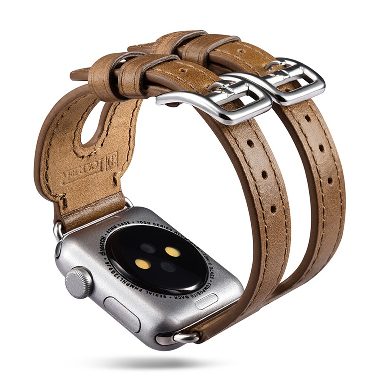 ICARER Classic Double Buckle Cuff Genuine Leather Watchband Bracelet for Apple Watch 42mm Series 3 2 1 - Brown-8