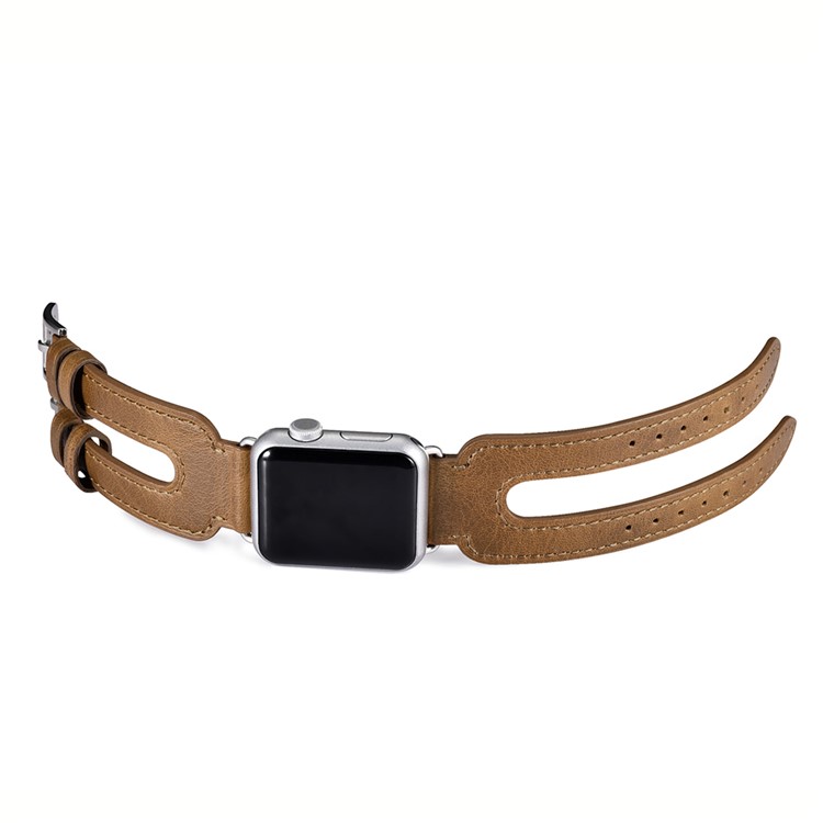 ICARER Classic Double Buckle Cuff Genuine Leather Watchband Bracelet for Apple Watch 42mm Series 3 2 1 - Brown-9