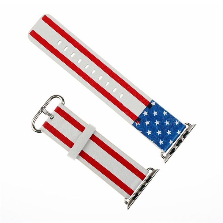 Fashion Genuine Leather Watch Band Replacement for Apple Watch Series 2 Series 1 38mm with Metal Adapter Clasp - The American Flag-1