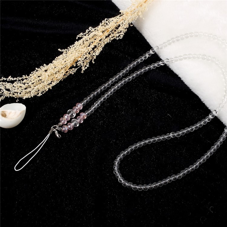 Crystal Faux Pearl Mobile Phone Accessory Neck Strap Key/U Disk Lanyard- Transparent / Pink-2