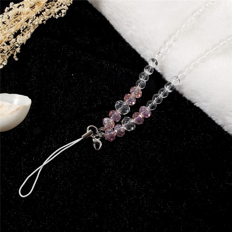 Crystal Faux Pearl Mobile Phone Accessory Neck Strap Key/U Disk Lanyard- Transparent / Pink-3
