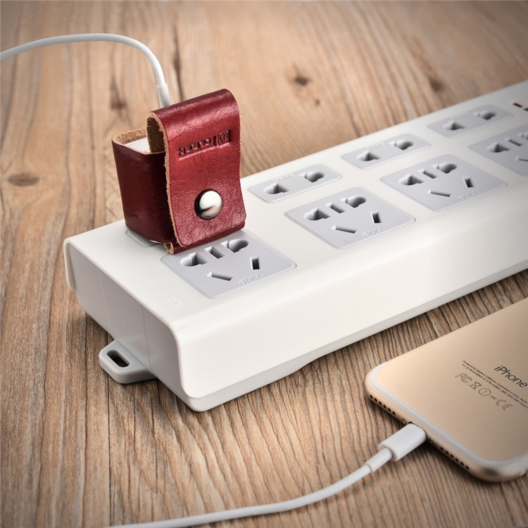 ICARER Vegetable Tanned Leather Charger Holder Case with Cable Winder Design - Wine Red-1
