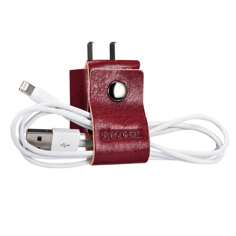 ICARER Vegetable Tanned Leather Charger Holder Case with Cable Winder Design - Wine Red-4