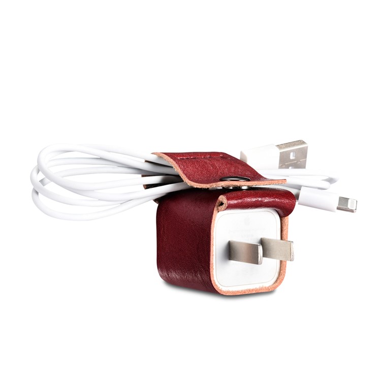 ICARER Vegetable Tanned Leather Charger Holder Case with Cable Winder Design - Wine Red-5