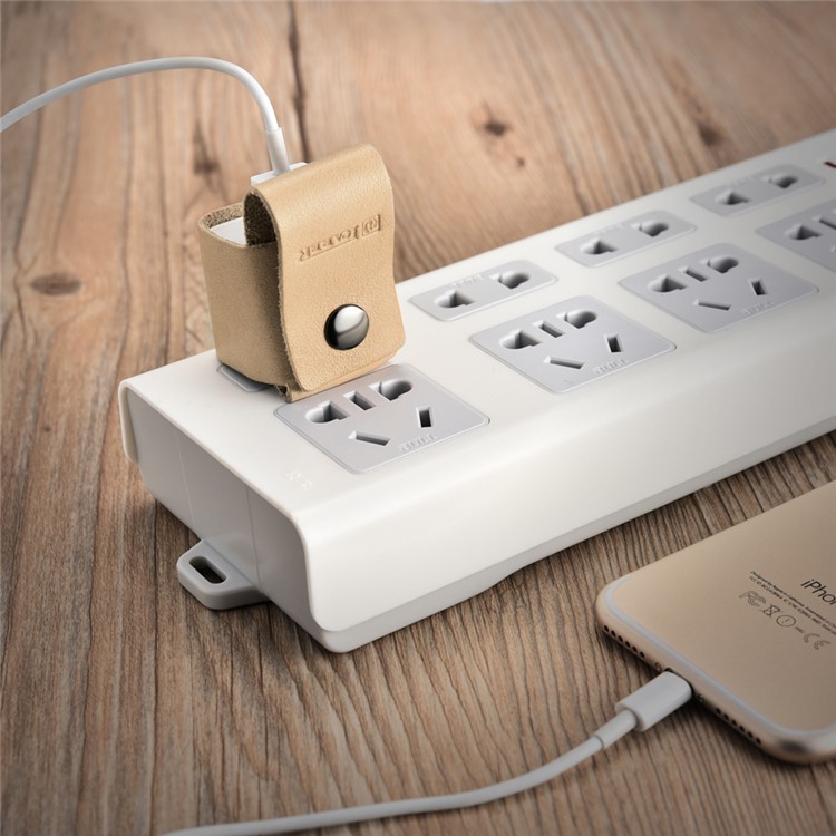 ICARER Vegetable Tanned Leather Charger Holder Cover with Cable Winder Design - Beige-1