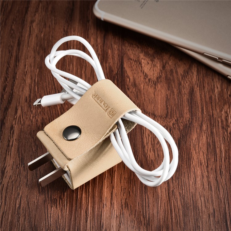 ICARER Vegetable Tanned Leather Charger Holder Cover with Cable Winder Design - Beige-4