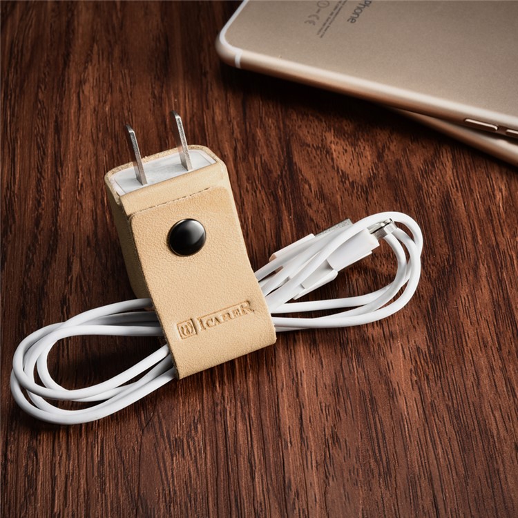 ICARER Vegetable Tanned Leather Charger Holder Cover with Cable Winder Design - Beige-5
