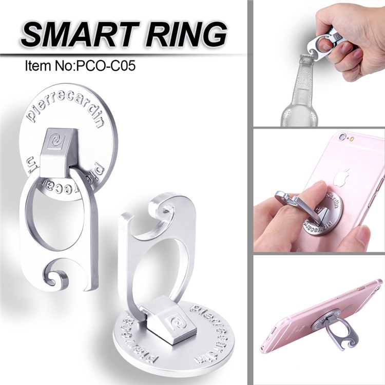 PIERRE CARDIN 3-in-1 Metal Bottle Opener + Kickstand + Finger Grip Ring Holder for Smartphones - Silver Color-1