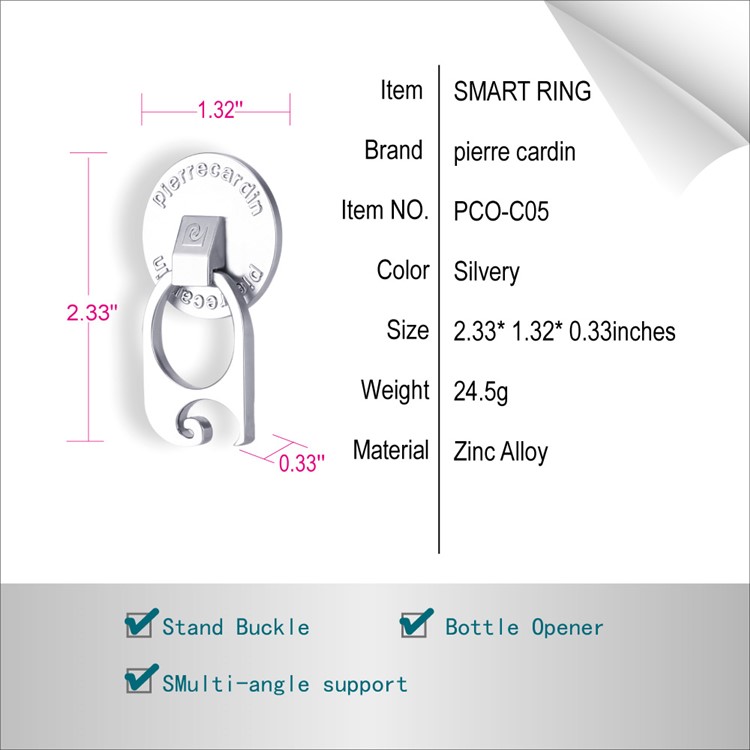 PIERRE CARDIN 3-in-1 Metal Bottle Opener + Kickstand + Finger Grip Ring Holder for Smartphones - Silver Color-2