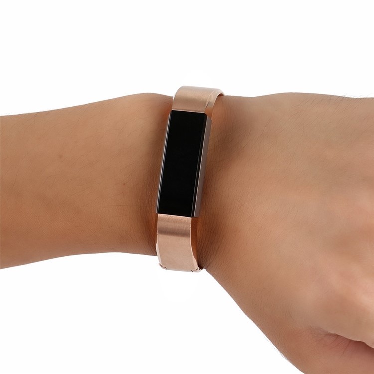 Average Size Stainless Steel Bracelet Watch Band with Snap-on Clasp for Fitbit Alta - Rose Gold Color-4