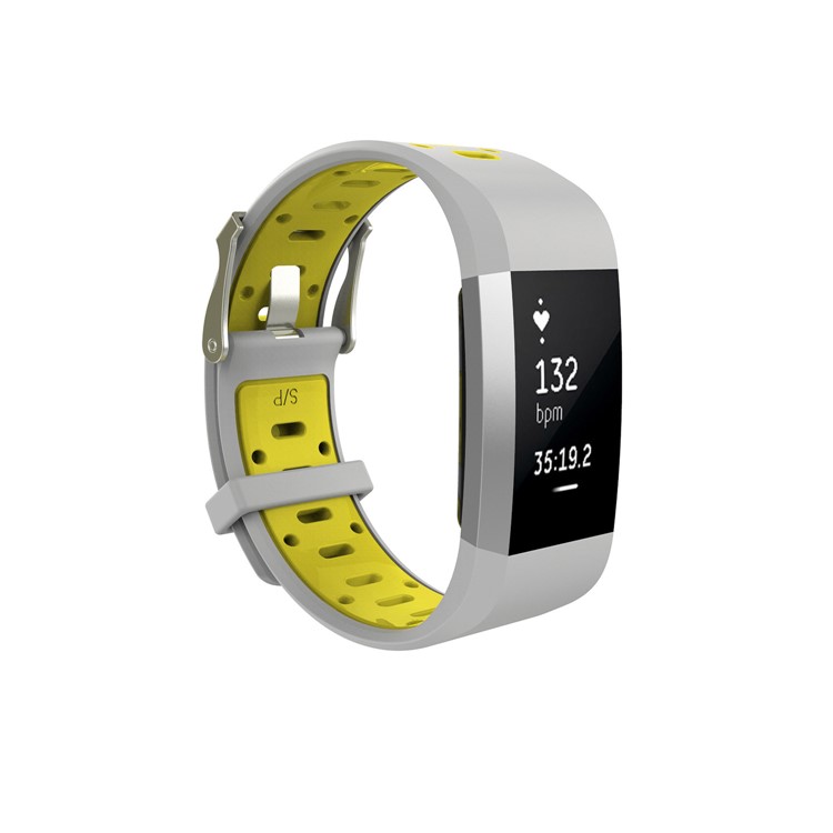 Soft Silicone Dual Color Watch Wrist Band for Fitbit Charge 2 - Grey + Yellowgreen, Size: S-1