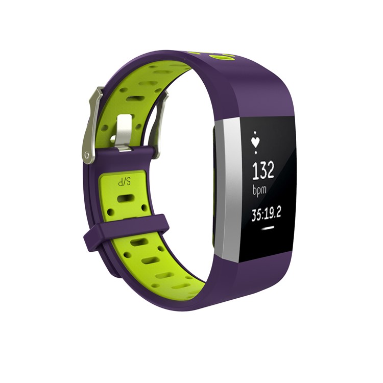 Flexible Silicone Bi-color Watch Band Replacement for Fitbit Charge 2 - Purple + Yellowgreen, Size: S-2