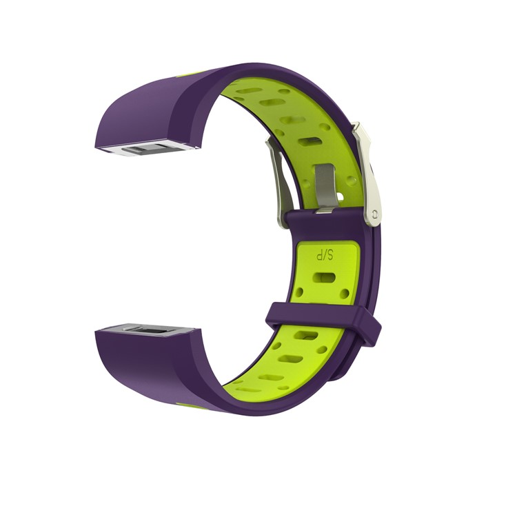 Flexible Silicone Bi-color Watch Band Replacement for Fitbit Charge 2 - Purple + Yellowgreen, Size: S-3