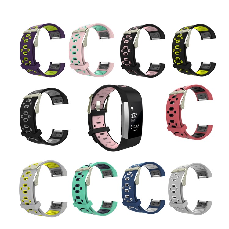 10Pcs/Set Bi-color Soft Silicone Watch Strap Replacement for Fitbit Charge 2, Size: L-1