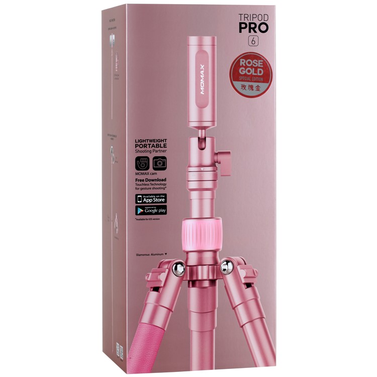 MOMAX Tripod Pro 6 Portable Camera Tripod Monopod Stand with Phone Grip + 1/4" Quick Release - Rose Gold Color-25