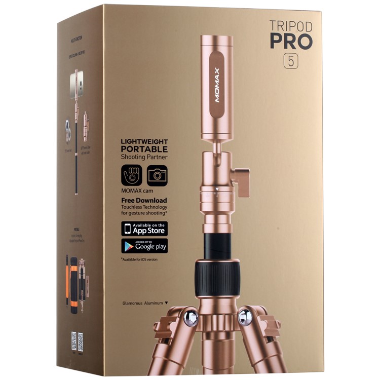 MOMAX Tripod Pro 5 Extendable Camera Tripod Monopod Stand with 360 Degree Ball Head + 1/4" Quick Release - Gold Color-22