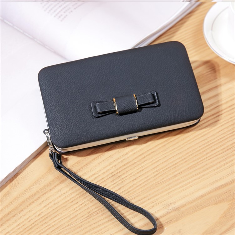 Women's Multi-functional Leather Wallet Handbag Card Holder Phone Holder Purse with Bow-Knot Decor - Black-1