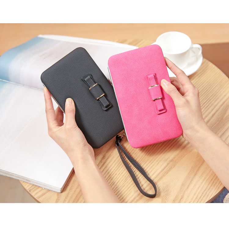 Women's Multi-functional Leather Wallet Handbag Card Holder Phone Holder Purse with Bow-Knot Decor - Black-2