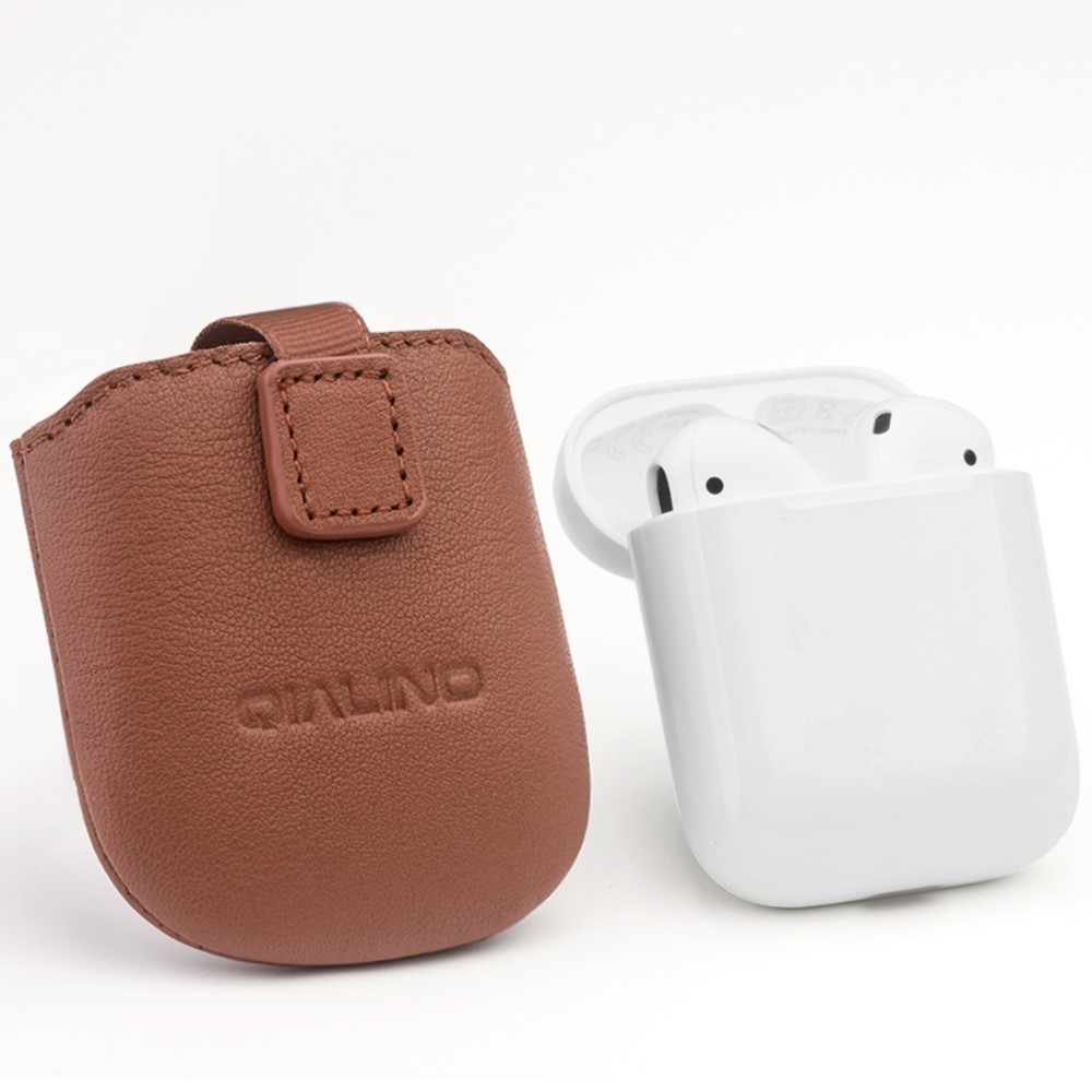 QIALINO Top-Layer Cowhide Leather Protective Pouch Bag for Apple Airpods Charging Case - Brown-5