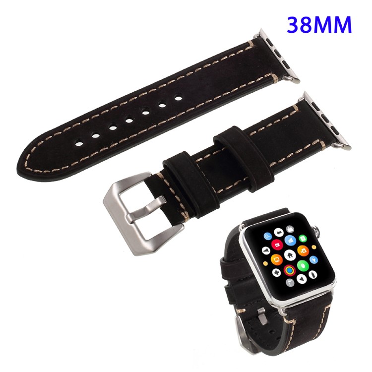 For Apple Watch Series 1 Series 2 38mm PU Leather Buckle Replacement Watchband - Black-1