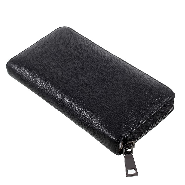 4800mAh Power Bank Litchi Texture Genuine Leather Wallet 2-in-1 Design for iPhone 7, Samsung S8 - Black-1
