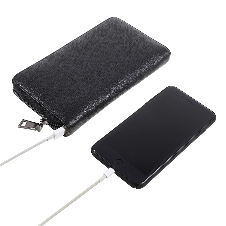 4800mAh Power Bank Litchi Texture Genuine Leather Wallet 2-in-1 Design for iPhone 7, Samsung S8 - Black-2