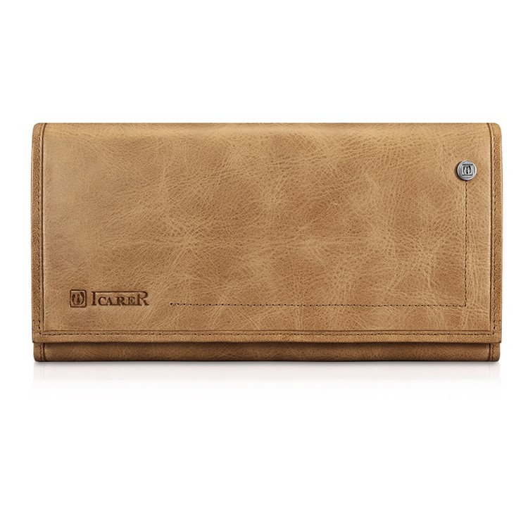 ICARER Universal Genuine Leather Pouch Tri-fold Wallet for Samsung S8, Size: 23.8x13.6x3.5cm - Khaki-1