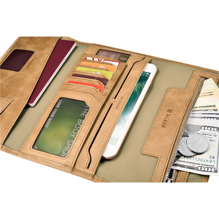 ICARER Universal Genuine Leather Pouch Tri-fold Wallet for Samsung S8, Size: 23.8x13.6x3.5cm - Khaki-5