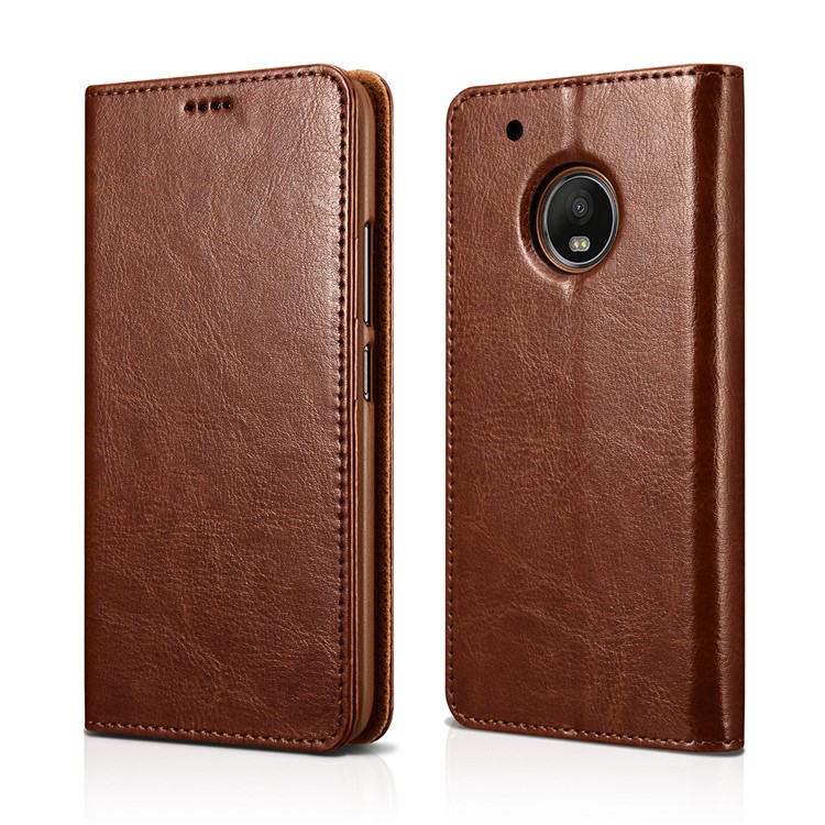 XOOMZ Crazy Horse Grain PU Leather Wallet Stand Flip Case for Motorola Moto G5 Plus - Brown-1