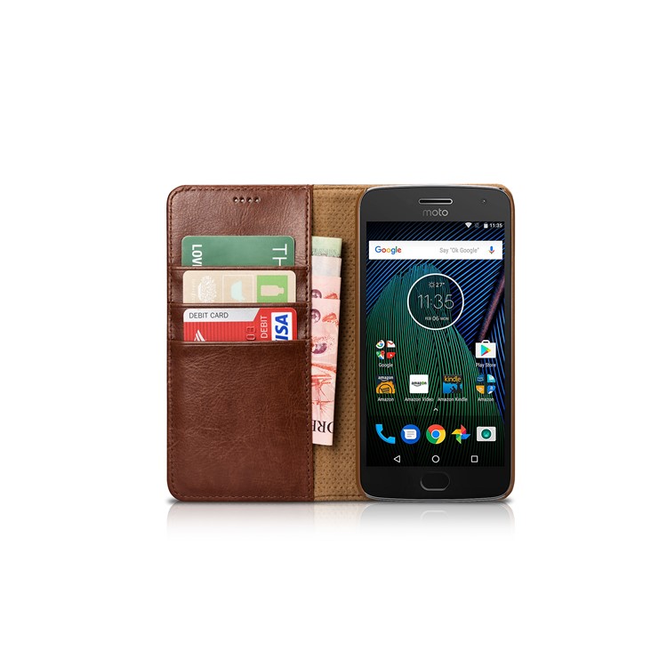 XOOMZ Crazy Horse Grain PU Leather Wallet Stand Flip Case for Motorola Moto G5 Plus - Brown-3