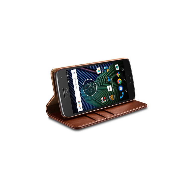 XOOMZ Crazy Horse Grain PU Leather Wallet Stand Flip Case for Motorola Moto G5 Plus - Brown-5